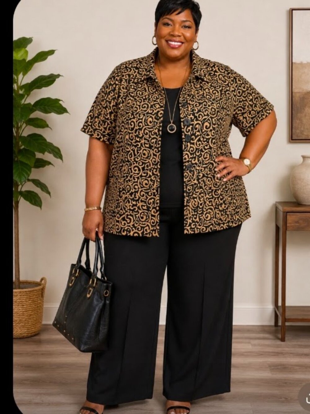 Maggie Barnes Women’s 1X Black & Gold Swirl Print Short Sleeve Blazer Jacket